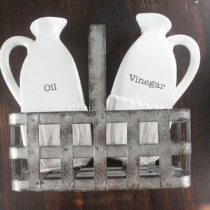 Mud Pie Vinegar and Oil Bottles in Galvanized Metal Basket